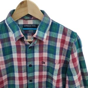 London Fog Cotton Linen Modern Fit Plaid Long Sleeve Button Down Shirt Medium